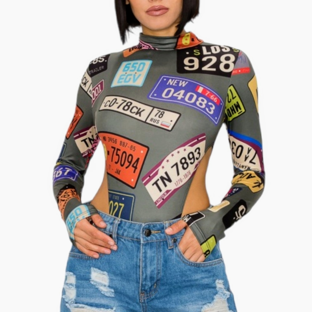 Brand Shelly, One Piece Bodysuit Shirt, Olive Green Multi Color